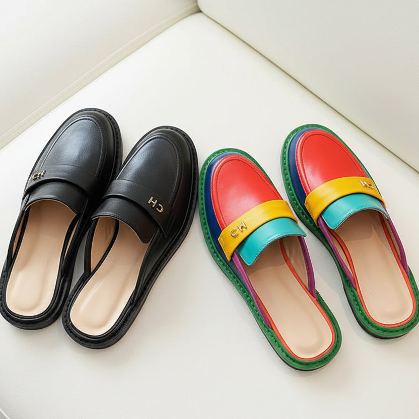 Spring Summer 2026 New Genuine Leather Slippers Women Mixed Color Covered Toe Fashion Mules Ladies Low Heels Slippers