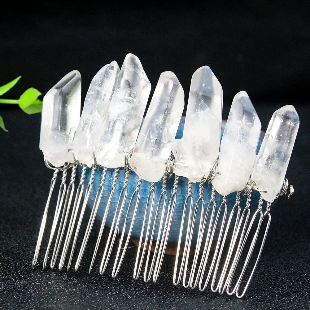 Natural Crystal Point Crown Hair Comb Transparent Quartz Crown Hair Band Bride Wedding Ornament Hairpin Craft Woman Jewelry