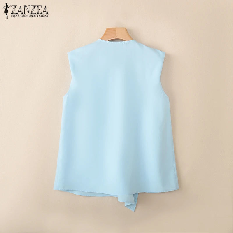 ZANZEA Trendy Pleated Design Women's Blue Tank Tops 2025 Summer Solid Color V-Neck Sleeveless Tops Streetwear 3 Colors S-3XL