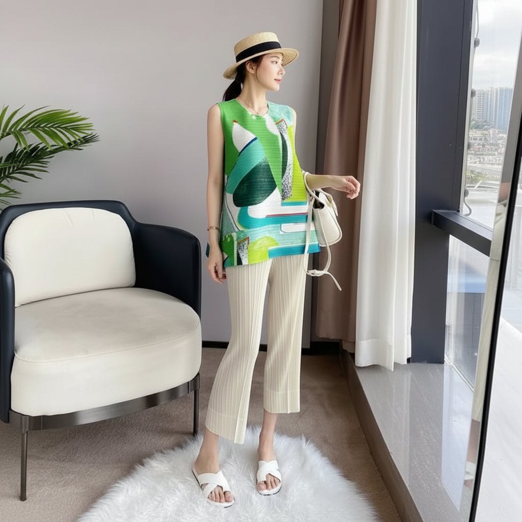 Woman Top Clothes Miyake Pleated Fashion Age-reducing Printed Vest top Large Size T-shirt Short Loose Design Shirt Summer