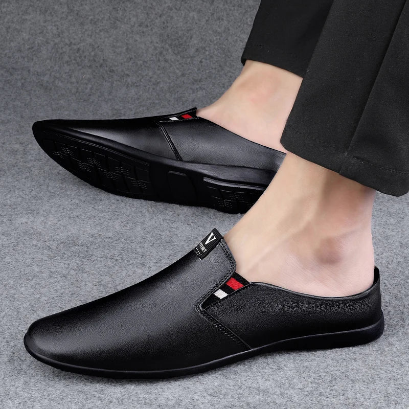 Men's Leather Black Half Leather Shoes Fashion Non-slip Half Trailer Men Sandals Moccasin Breathable Soft Flats Men Driving Shoe