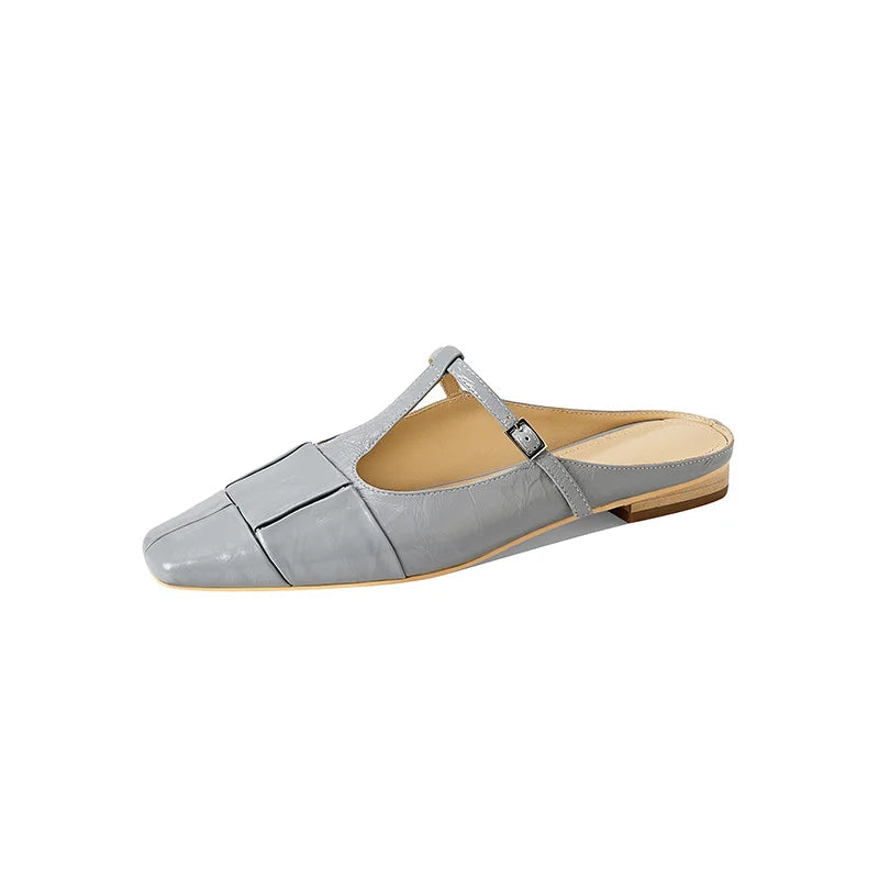Genuine Leather t-strap Slippers Women Covered Toe Low Heel Slides Ladies Summer Vacation Slippers Female