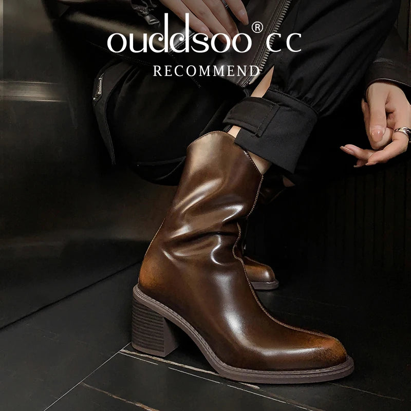 Ods New Women Genuine Leather Pointed Toe Knee High Boots Black White Brown Side Zipper Female Shoes Thick Heel Plus Size 42