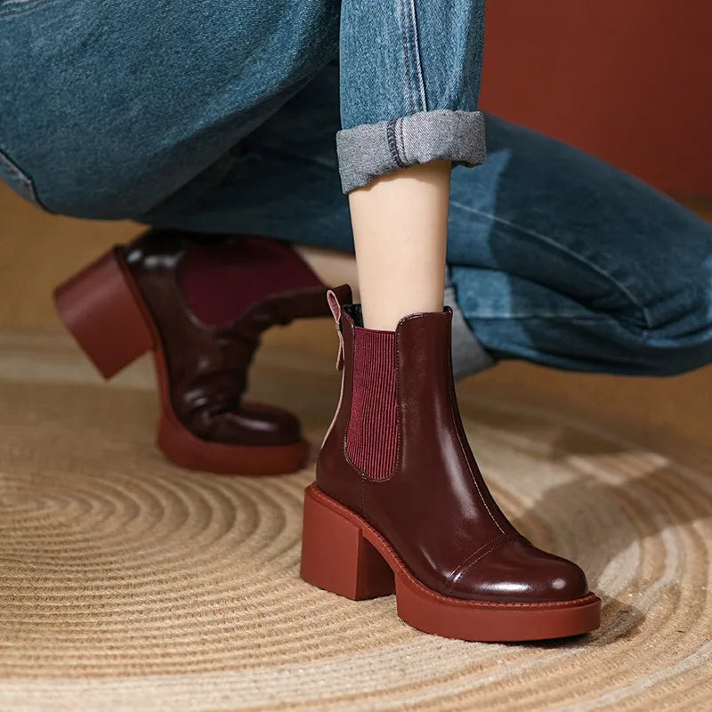 Winter Genuine Leather Chelsea Boots Women Shoes Retro Round Toe Women Platform Thick Heels Short Booties Autumn