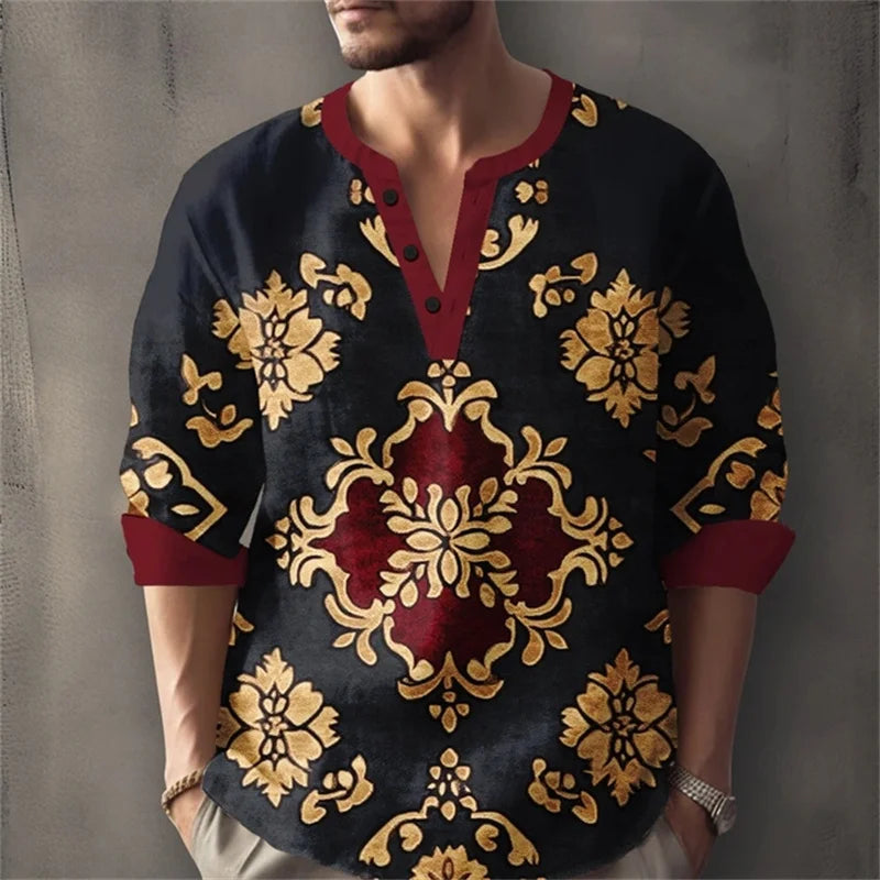 Men's Long-Sleeved Shirt with Retro Print, Stylish Design, Outdoor Casual Henley Collar, Loose Fit, Men's Vacation Top, XS-6XL.