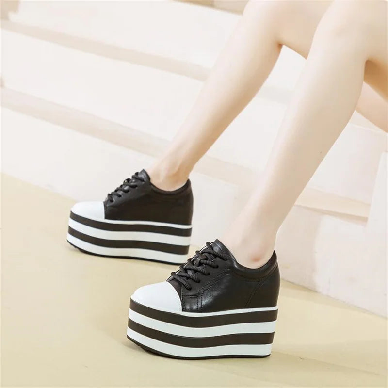 12cm Genuine Leather Platform Wedge Chunky Sneaker Hidden Heels Casual Breathable New Spring Autumn High Brand Vulcanize Shoes