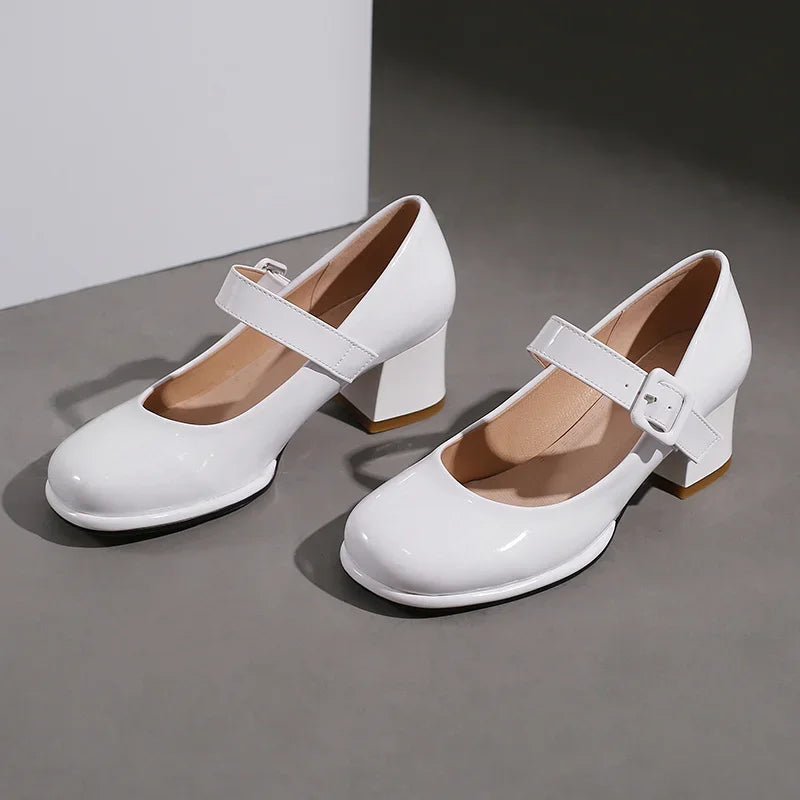 Spring Autumn Women Platform Mary Janes High Thick Heel Orange Red Patent Leather Dress Office Lady Round Toe Buckle Strap Pumps