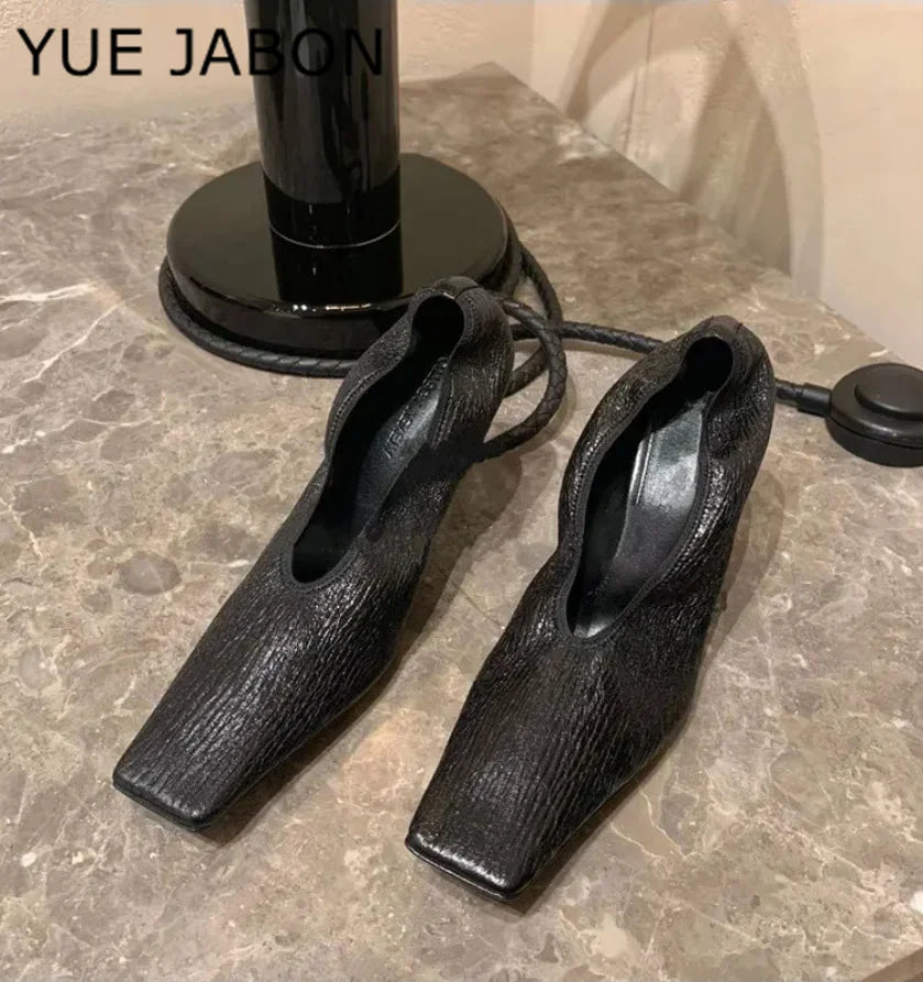 Black Square Head Early Spring New Lady Pumps Zebra-Print Soft Leather Pleated Elastic Witch High Heel Deep Mouth Granny Shoes