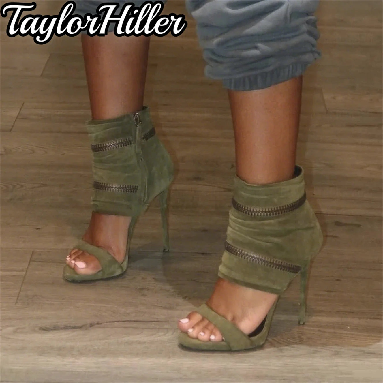 Green Suede One Strap Heeled Sandals Gladiator Pointed Toe High Heels Stiletto Women Luxury Designer Shoes Summer Zip Shoe 2025