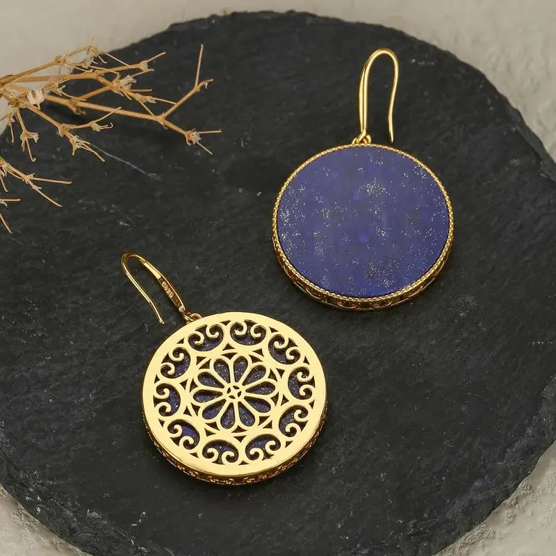 Lapis Lazuli Dangle Earrings - Large, Natural, Vintage Round, Bohemian Style, Ethnic Fashion Jewelry for Women - Perfect for Par