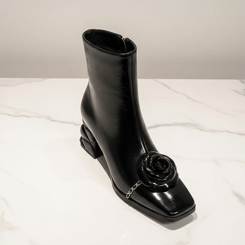 Genuine Leather Flower Metal Chain Short Boots Women Thick High Heels Young Ladies Mixed Color Boots Party Dating