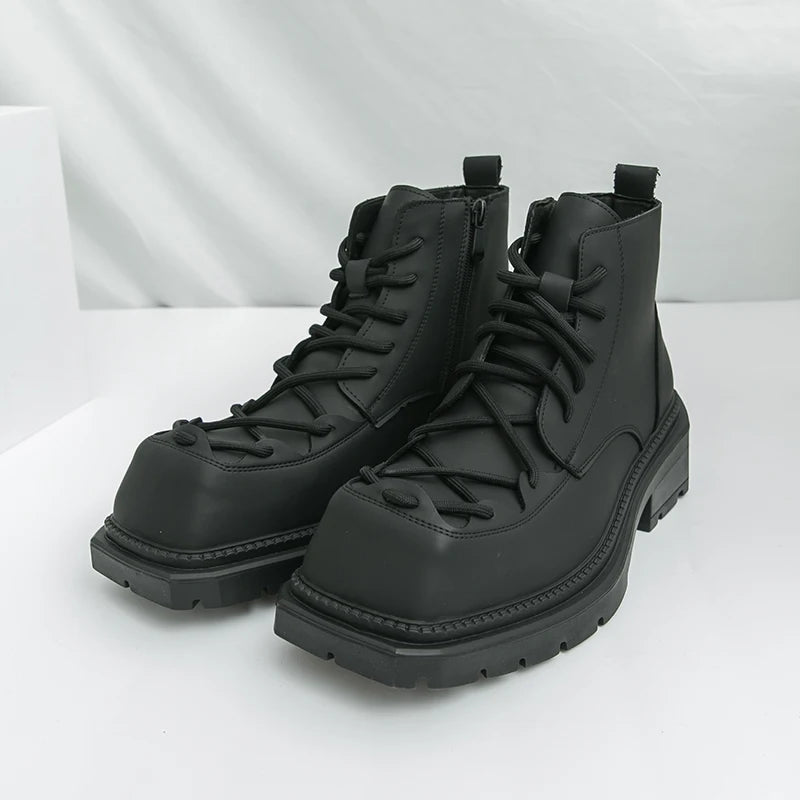 Autumn New Men Comfortable Lace Up Side Zipper High Top Leather Shoes Fashion Brand Round Toe Thick Soled Non Slip Outdoor Boots