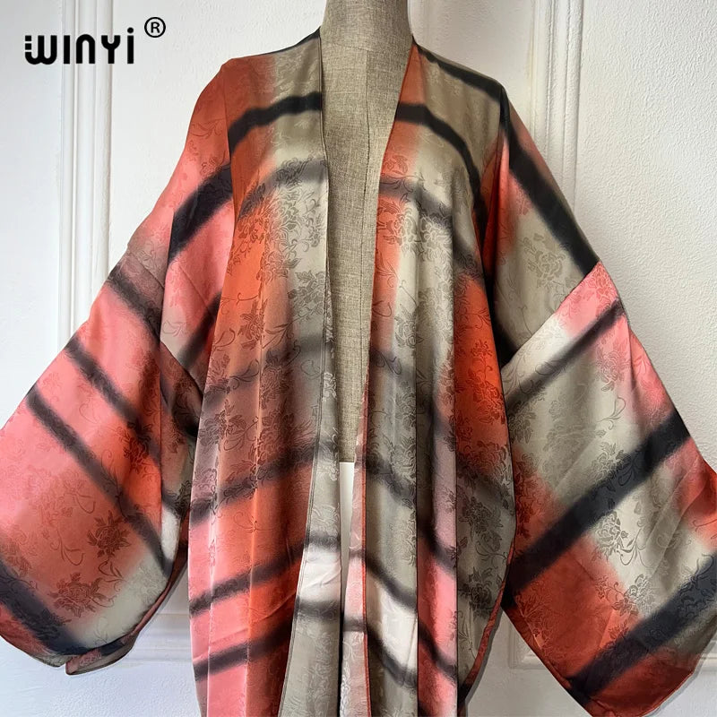 WINYI beach cover up print kimono Silk feel Dress Beach Wear Boho Cardigan abaya women muslim dress africa Long Sleeve coat
