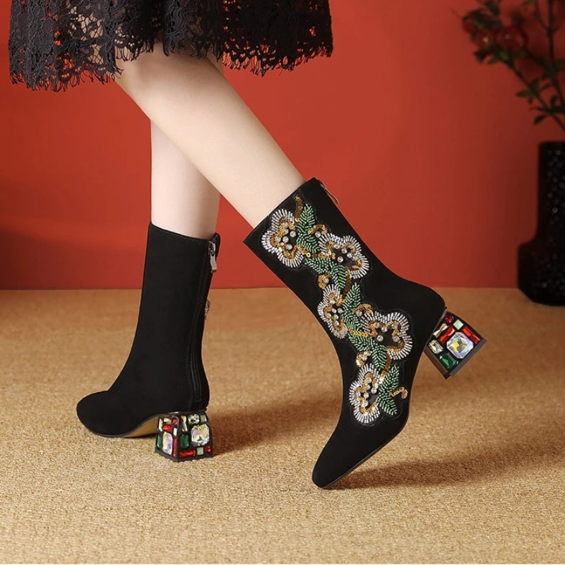 Dilalula 2026 Genuine Cow Suede Ethic Ankle Boots Women Square Toe Crystal Heel Embroider Short Boots Female Beads Dec Footwear