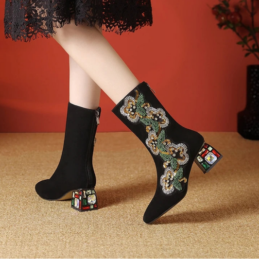 Dilalula 2026 Genuine Cow Suede Ethic Ankle Boots Women Square Toe Crystal Heel Embroider Short Boots Female Beads Dec Footwear