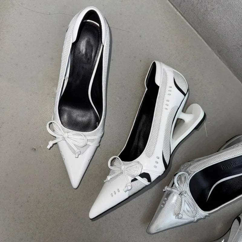 Special Heel Spliced Heels Pointed Toe Heels Women's Fashion Shallow Mouth Bow Non-Slip Mary Jane Single Shoes