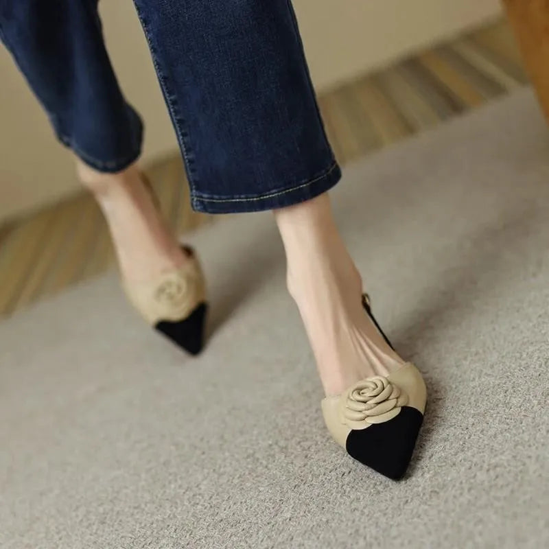 Dilalula Summer Genuine Leather Covered Toe Flower Sandals Ladies Sweet Low Thick Heels Elegant Flower Mixed Color Dress Shoes