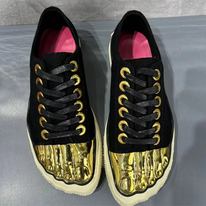 Men Women's High Top Canvas Sneakers Metallic Gold Toe Cap Lace-Up Casual Streetwear Shoes Comfortable Flat Platform Fashionable