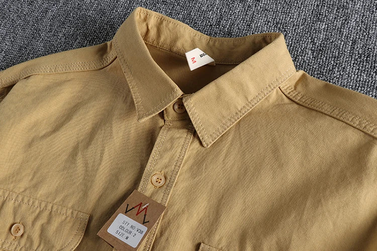 Autumn New American Retro Twill Woven Cargo Shirt Men's Fashion Pure Cotton Washed Old Long Sleeve Double Pocket Casual Blouses