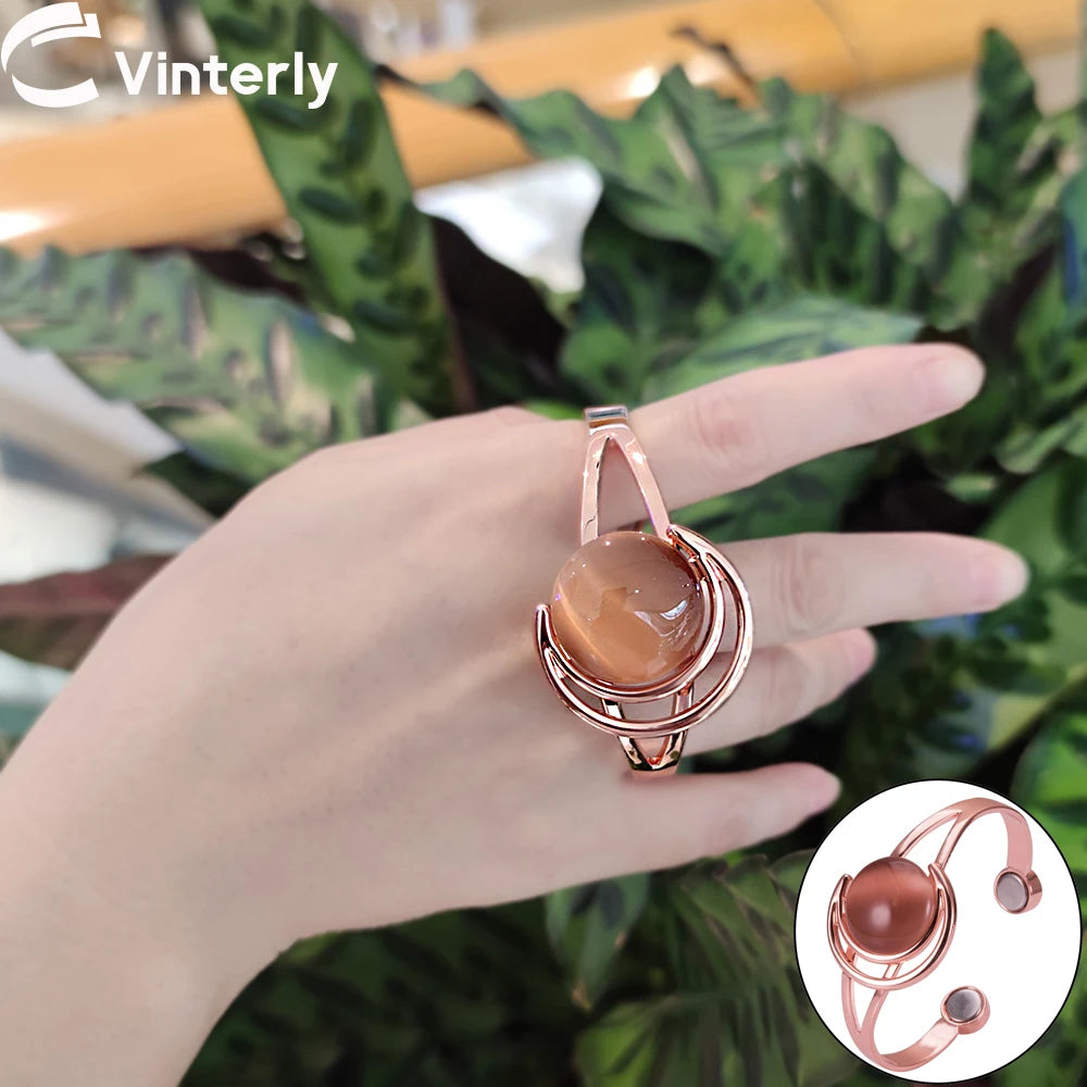 Vinterly Magnetic Bracelet Copper Adjustable Energy Brown Blue Stone High Magnet Bangles Arthritis Moon and Sun Pattern Jewelry