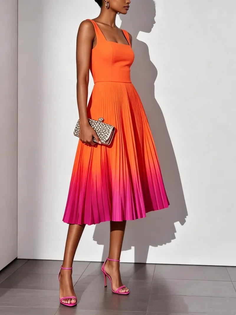 Square Neck Wide Strap Fitted Bodice Gradient Pleated Flared Midi Dress  A Line Elegant Cocktail Party Knee Length Gown