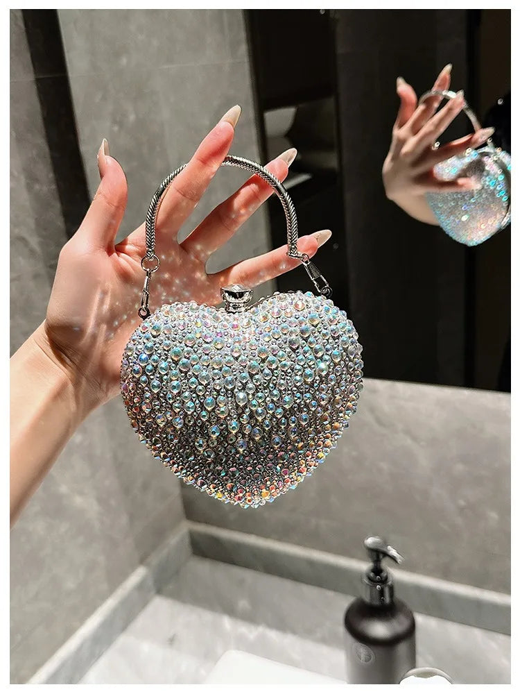 Luxury Diamond Inlay Heart Shape Crystal Clutch Purse Stones Evening Wedding Party Shoulder Bags Handle Rhinestone Mini Handbags