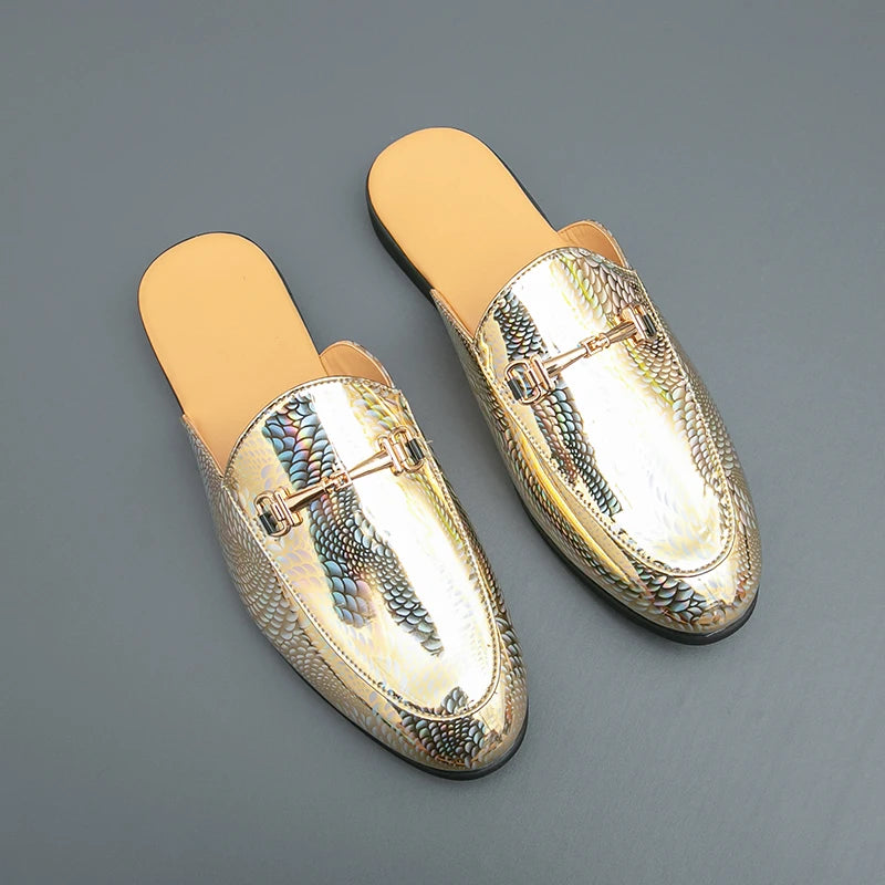 Fashion Brand Men's Cool Snake Skin Pattern Comfortable Half Back Leather Shoe Summer Men Breathable Bottom Casual Leather Shoes
