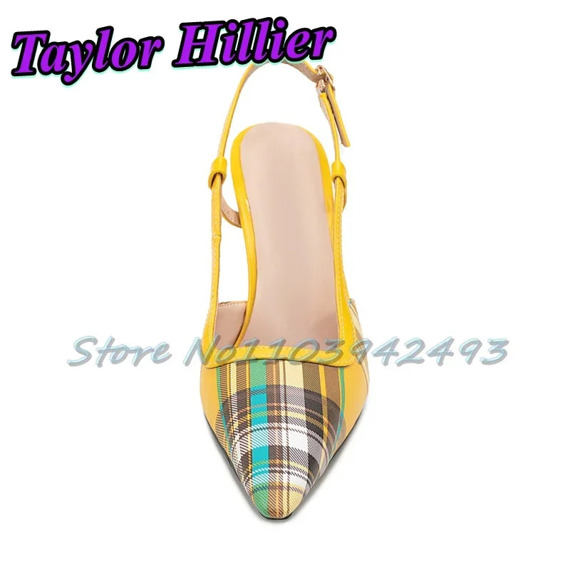 Patchwork Gingham Blue Heels Shallow Heeled Sandals Women Luxury Designer Shoes Summer Yellow Red Purple Buckle Strap Yellow New
