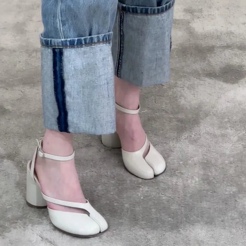 Ins style Fashion Patent Leather Split Toe Women Pumps Spring Summer Thick High heels Slingbacks Female Tabi Chunky Casual Shoes