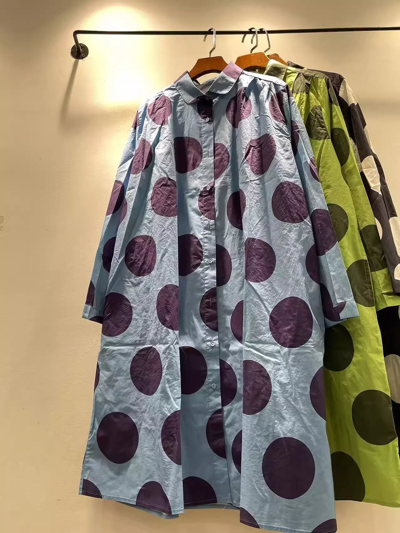 Bust 118cm Middle Aged Women Fall Clothes Japan Style Green Polka Dot Print Pure Cotton Shirt Dress for Women Autumn Loose Dress