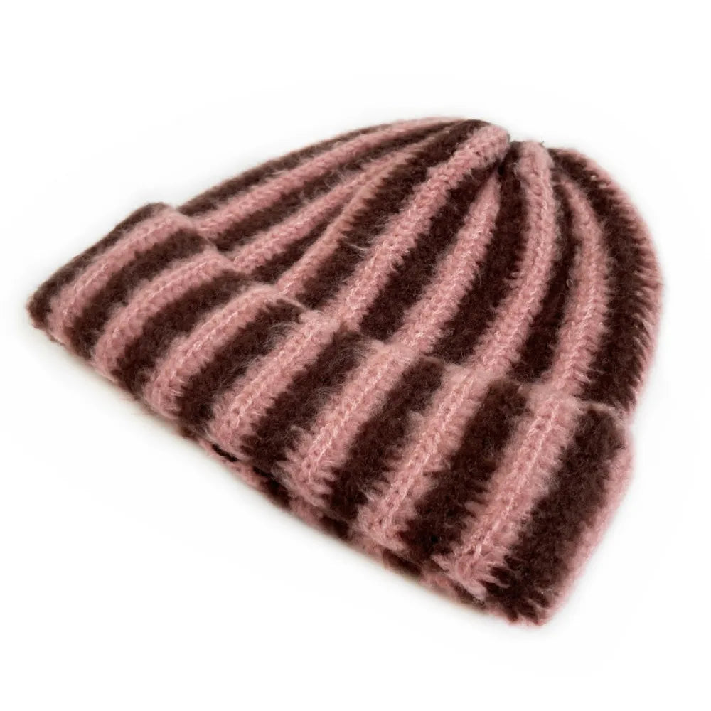 New Striped Knitted Beanie Cap Windproof Flanged Design Knitted Hat Pullover Outdoor Cycling Cold Proof Warm Hat Autumn Winter