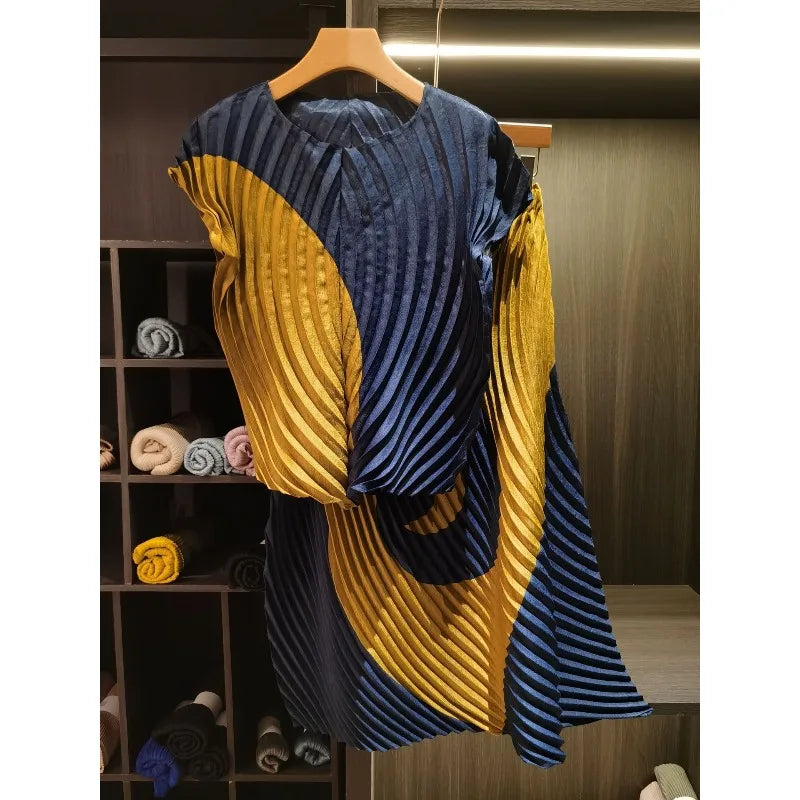 Miyake style Pleated Color Block T-Shirt 2026 Summer New Irregular Top Skirt 2-Piece Set Women Vacation Stretch Wrinkle-Free Clothing