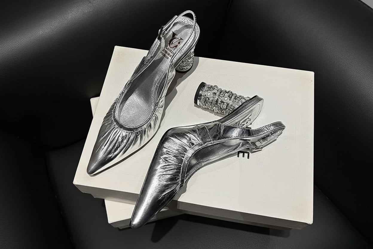 Genuine Leather Pleated Sandals Women Sexy Covered Toe Beads Decoration High Heels Ladies Party Dating Shoes