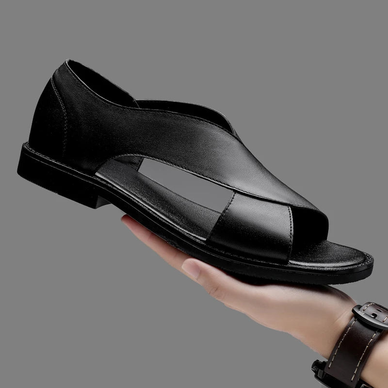 2023 New Genuine Leather Men's Sandals Flat Open Toe Rome Style Mens Sandalias Summer Breathable Beach Gladiator Sandals for Men