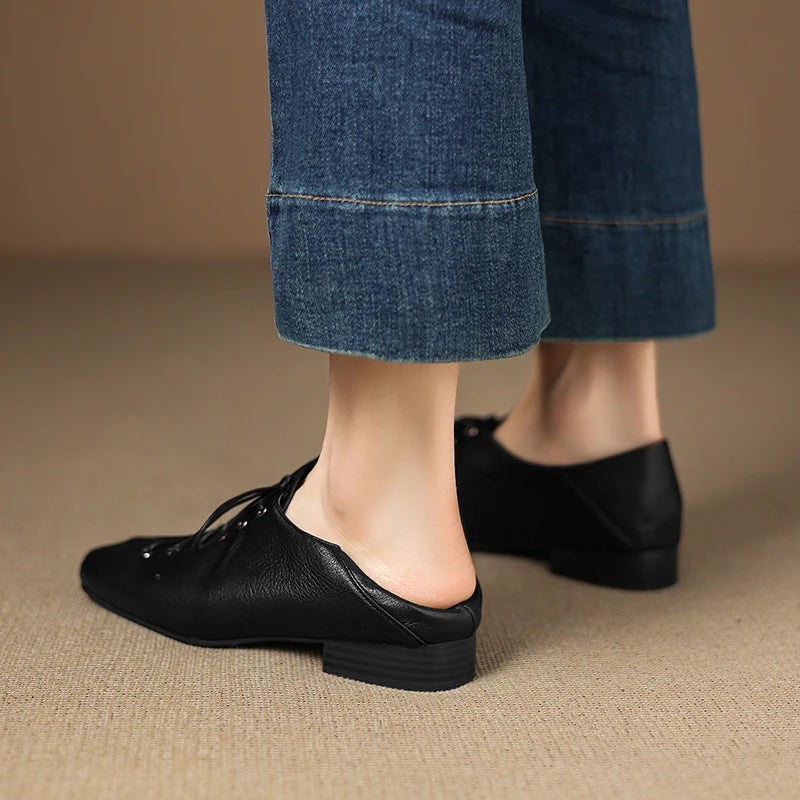 Soft Pumps Women Square Toe Lace Up Young Lady Casual Pumps For Students Low leather heels Heels Shoes