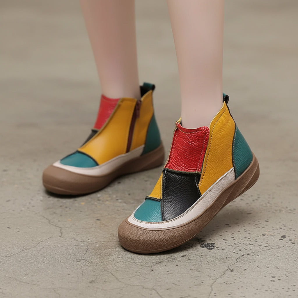 New Autumn Winter Genuine Leather Women's Shoes Zip Women Ankle Boots Handmade Color Blocked Flat Short Boots