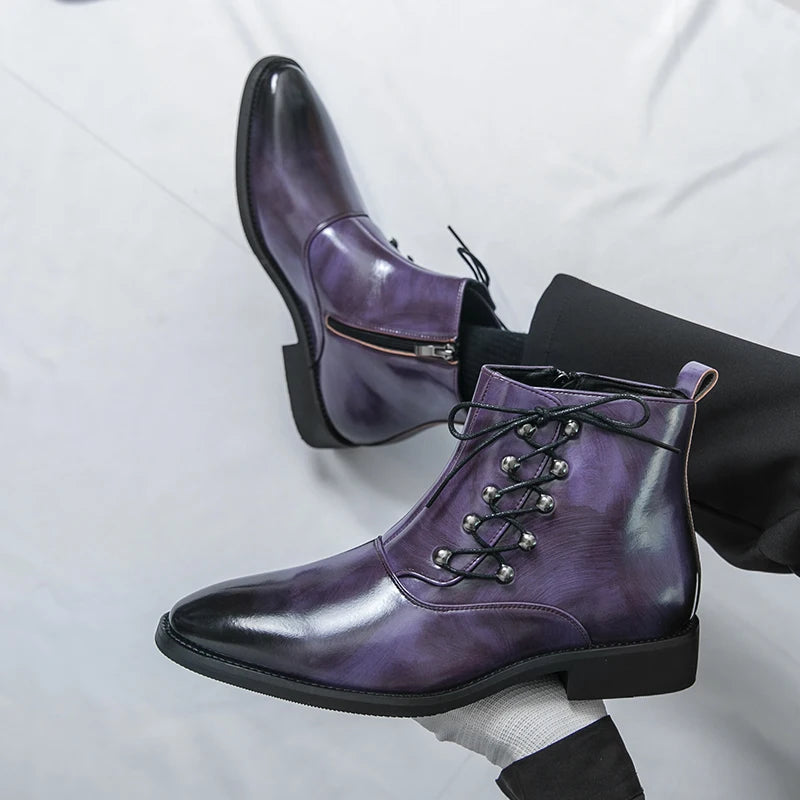 Autumn New Men's Pointed Side Zipper Comfortable High Top Boots Fashionable Brand Men Business Banquet Personalized Short Boots