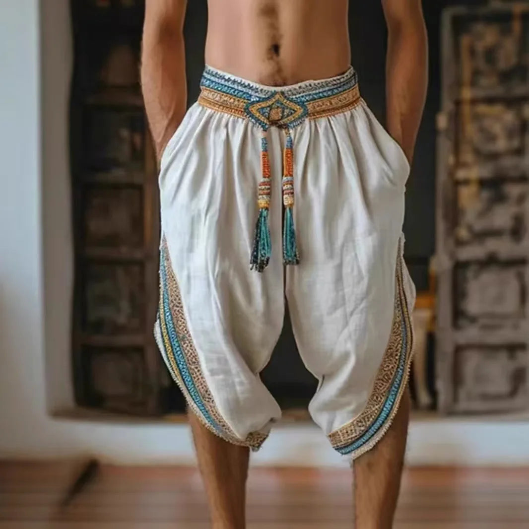 Summer Men's Tassel Elastic Waist Casual Beach Pants 2025 New Ethnic Linen Trendy Loose Printed Lace Comfort Cropped Pants Men's