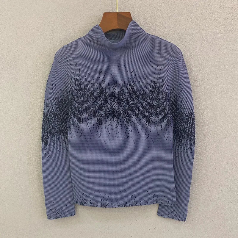 Miyake Pleated Contrasting Colors T-shirt Women Half Turtleneck Skinny Pullover 2025 Summer Fashion Female Clothing
