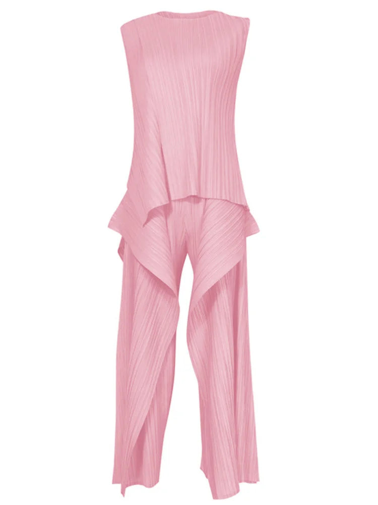 Miyake Irregular Designer Pleated Two Pieces Set Women Sleeveless Elegant Top Wide Leg Loose Trousers Summer Lady Clothing