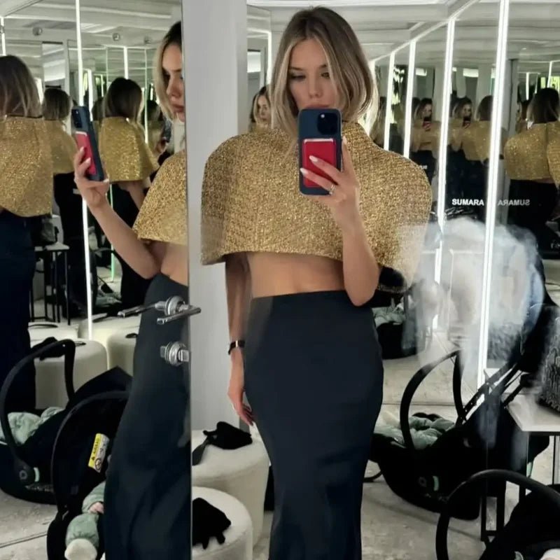 Elegant Chic Gold Sparkle Capelet Top Shiny Tweed Shoulder Wrap Turtleneck Short Cloak New Lady Evening Club Party Tops 2026