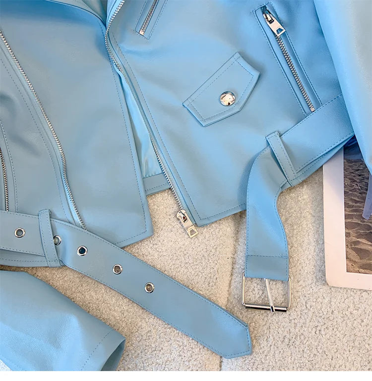 Blue PU leather jacket for women's spring autumn short Street style 2025 new retro motorcycle Leather Coat top