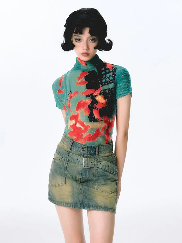 Kimotimo Harajuku Folds Goldfish Print T-shirt Women Summer Y2k Aesthetic Turtleneck Slim Crop Top Short Sleeve Ropa De Mujer