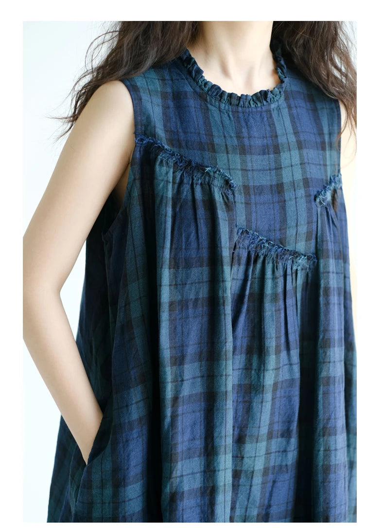 Summer 2026 Large Size Cotton Linen Plaid Vest Skirt Long Svel Dr Chest Splicing Wooden  Ear A-Line Dr