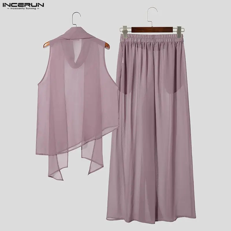 INCERUN Men's Sets Solid Chiffon See Through Sleeveless Irregular Tank Tops Pants Two Piece Sets Oversize 2026 Men Matching Sets