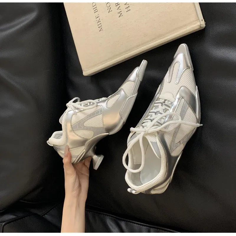 Sport Style Fashion Mixed-color Pointed toe Women Pumps Spring Autumn Breathable Mesh Strange High heels Casual Sneakers Shoes