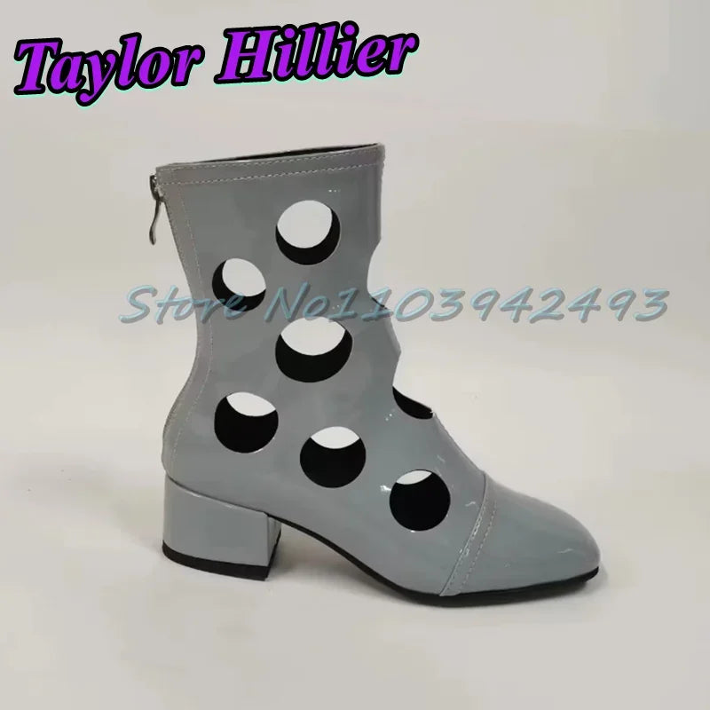 Silver Hollow Heeled Sandals Round Toe Heels Women Designer Luxury Shoes Spring Summer Hole Boots Ankle Short Boots Size Zipper
