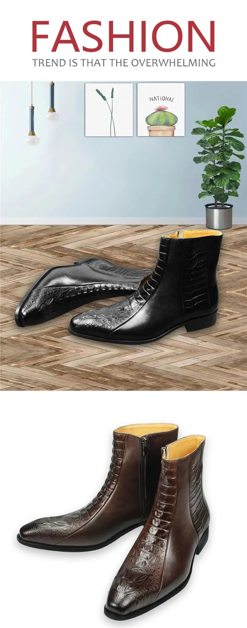 Genuine Leather Mens Boots Autumn Winter Vintage English Style Pointed Toe Work Boots Exquisite Crocodile Engraved Zipper Shoes