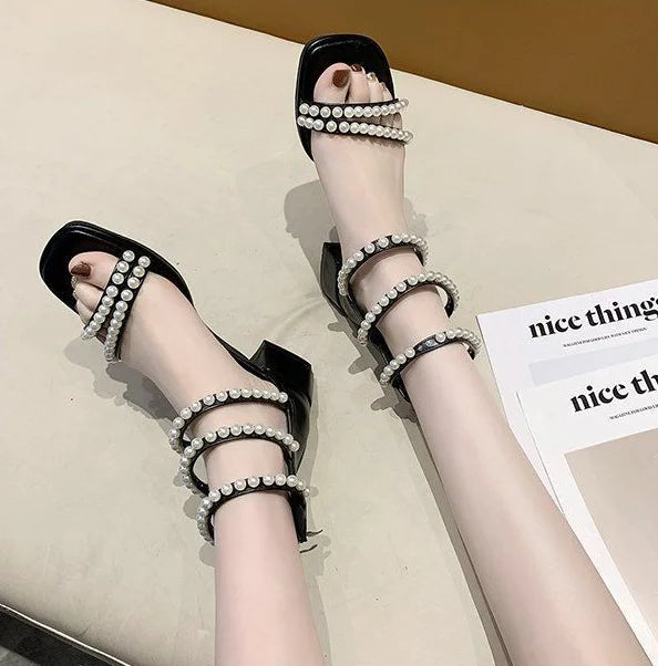 Pearl with Medium Heels Summer 2025 Women's Shoes Sandals for Woman Square Footwear Black Comfort Anti Slip Hot Vip The Best H F