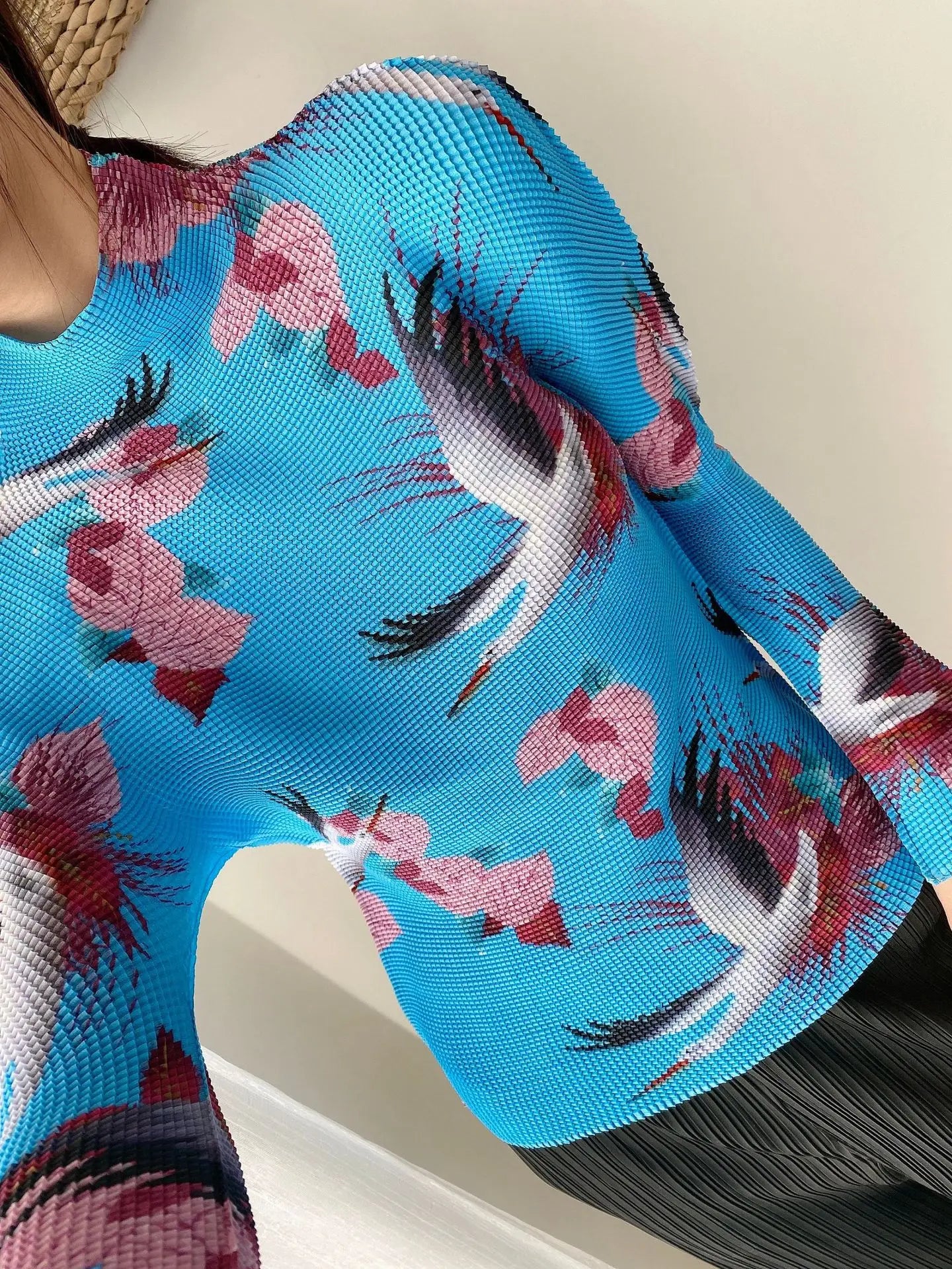 Miyake Pleated Contrasting Colors T-shirt Women Half Turtleneck Skinny Pullover 2025 Summer Fashion Female Clothing